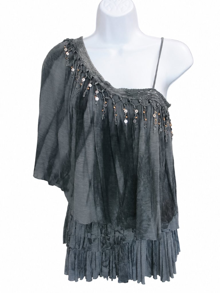 Free People Charcoal Gray Beaded One Shoulder Top | Size Xs